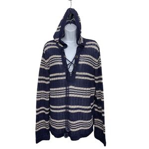 Tory Burch Womens L Blue Striped Linen Large Knit Hoodie Sweater Lace Up
